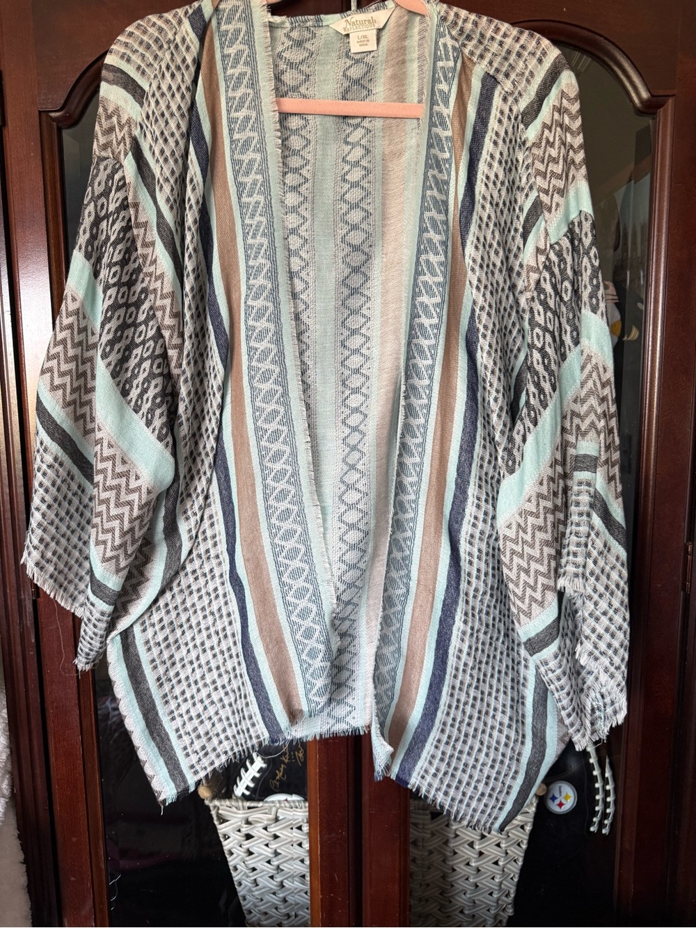 Natural Reflections Open Front Striped Knit Poncho in Mint, Gray & Brown